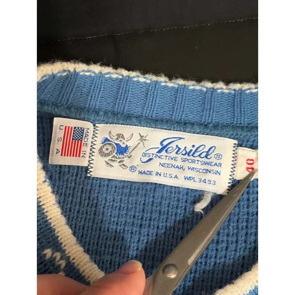 VTG Jersild Light Blue Nordic Fair Isle Cardigan Sweater Made in USA Ornate - Picture 5 of 8